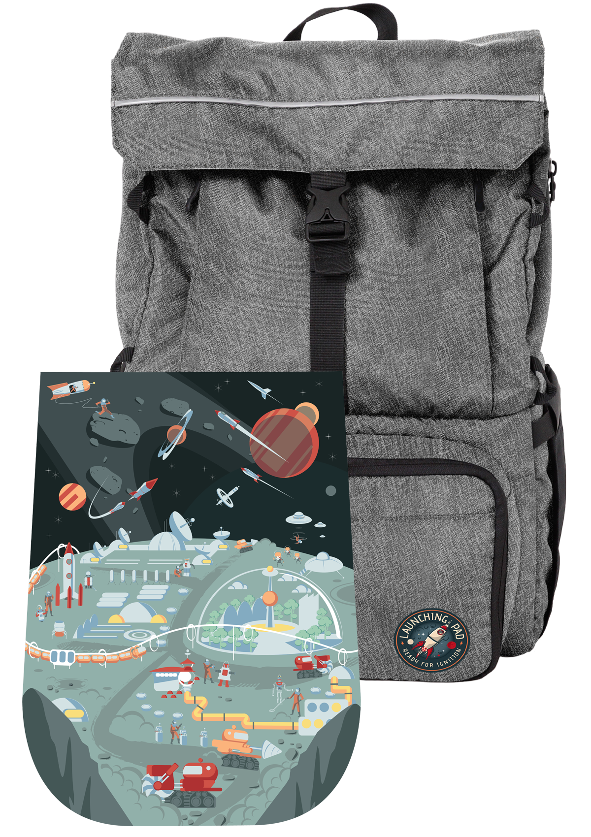 Launching Pad charcoal backpack with space mat, readyforignition.com