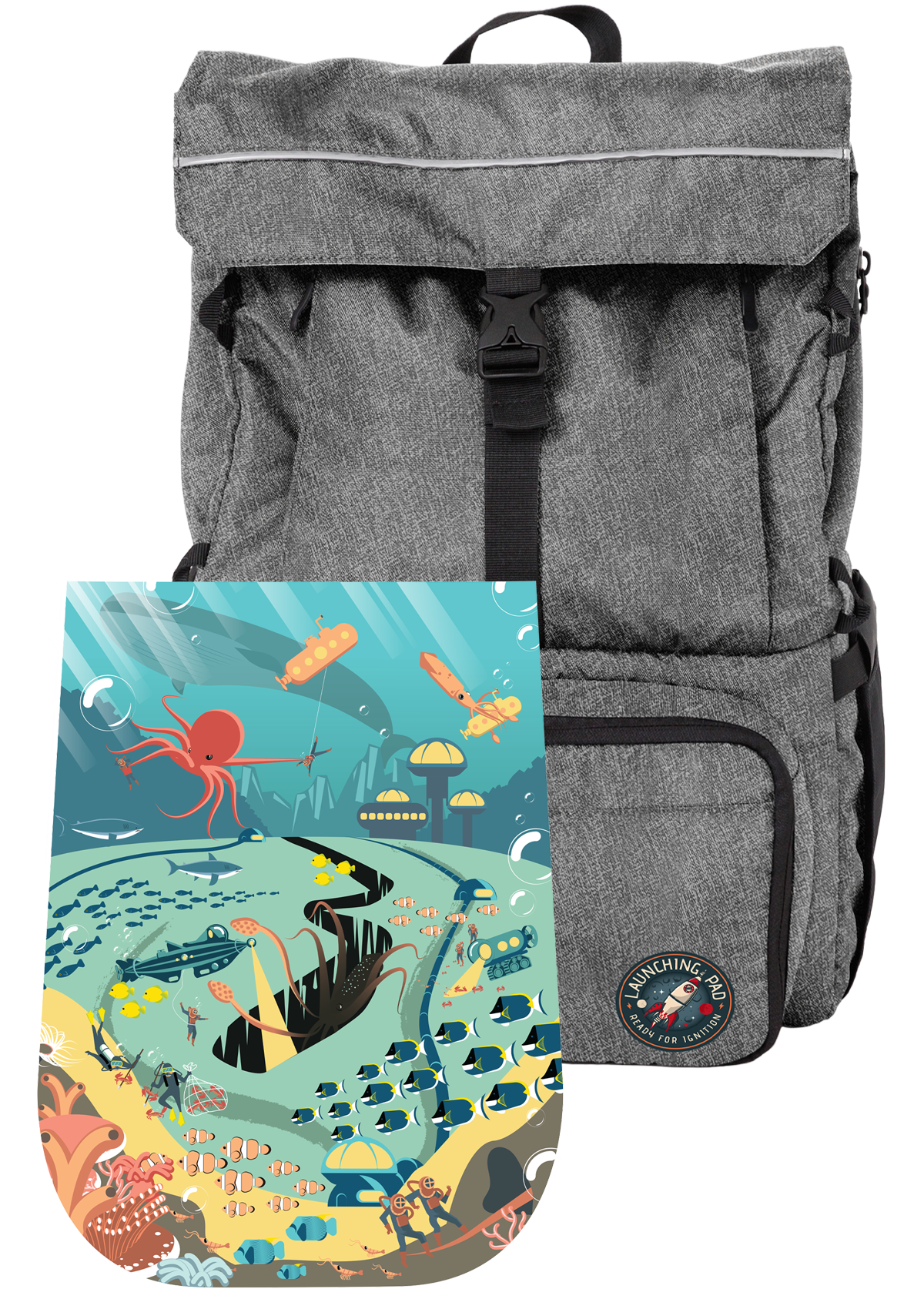 Launching Pad charcoal backpack with underwater mat, readyforignition.com