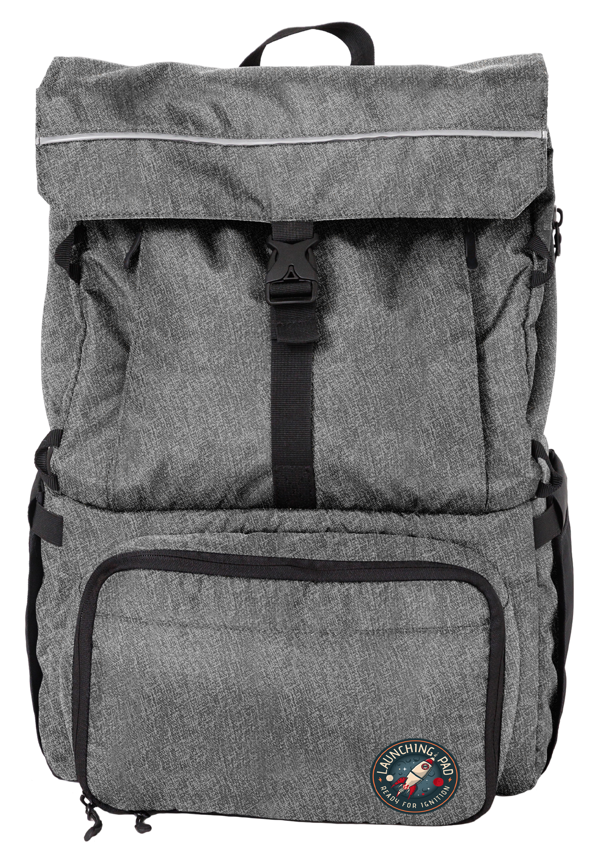 Launching Pad Gray Backpack front view, Launching Pad