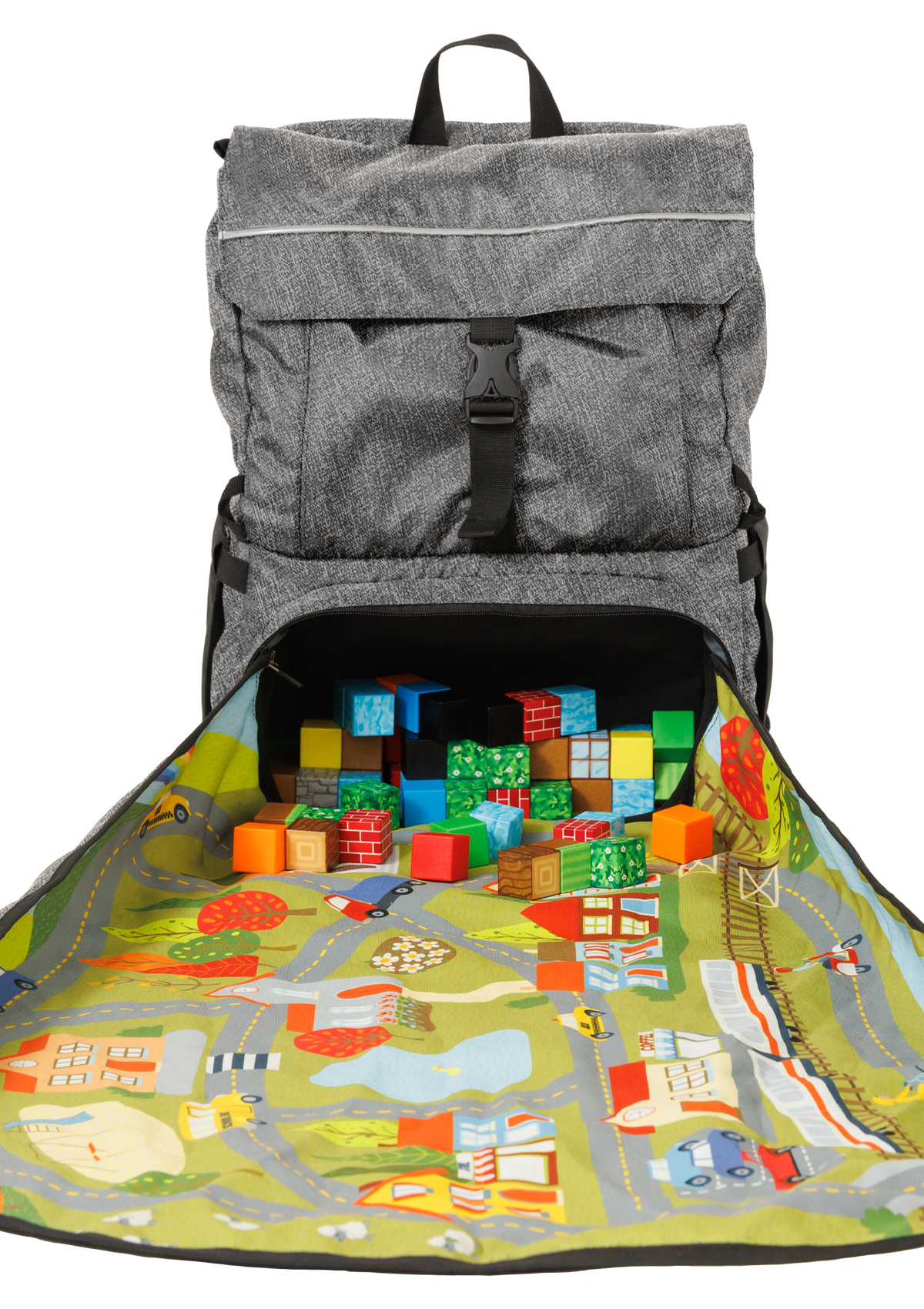 Launching Pad Gray Backpack the front is unzipped with toy compartment, Launching Pad