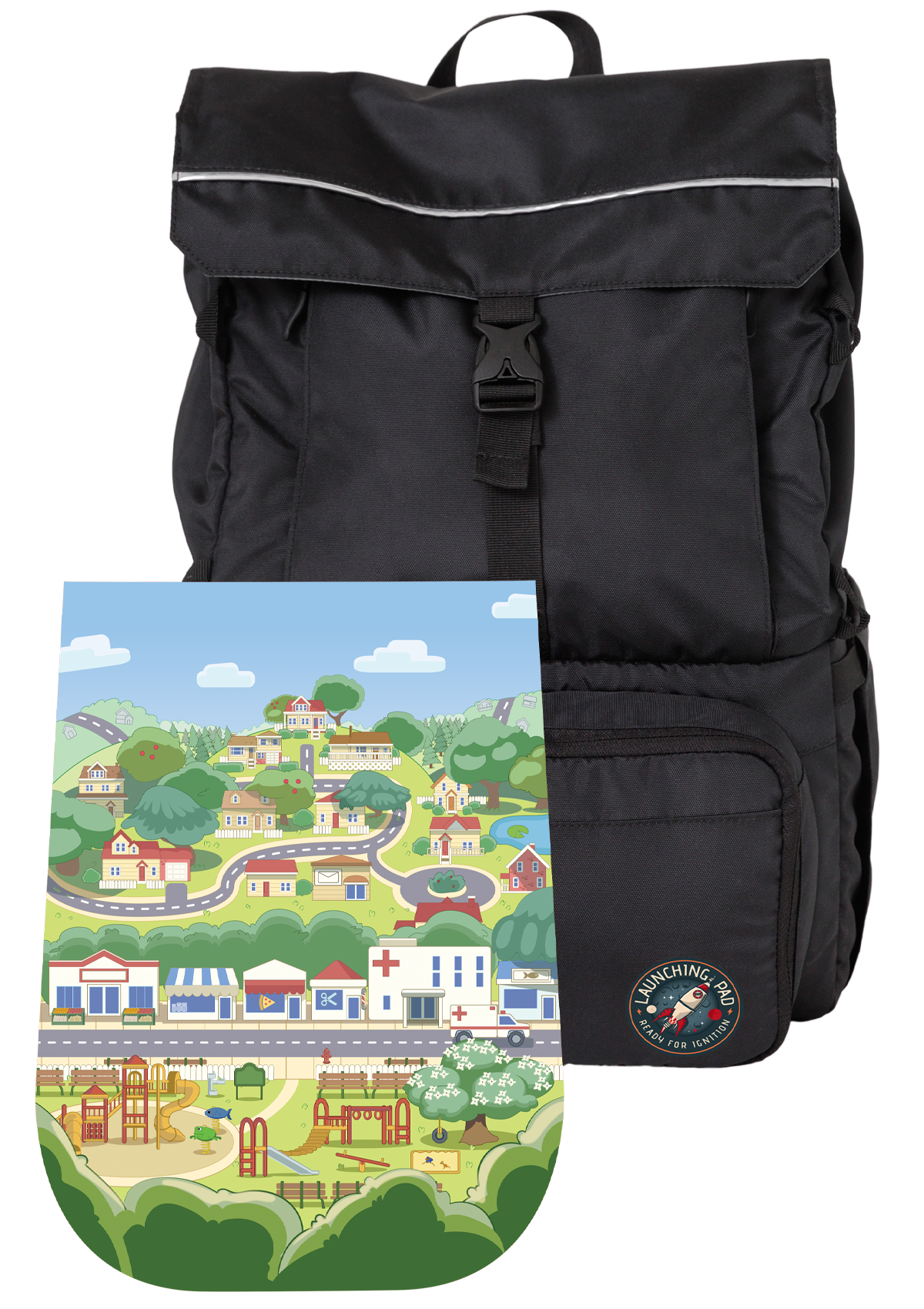 Launching Pad black backpack with suburbs mat, readyforignition.com