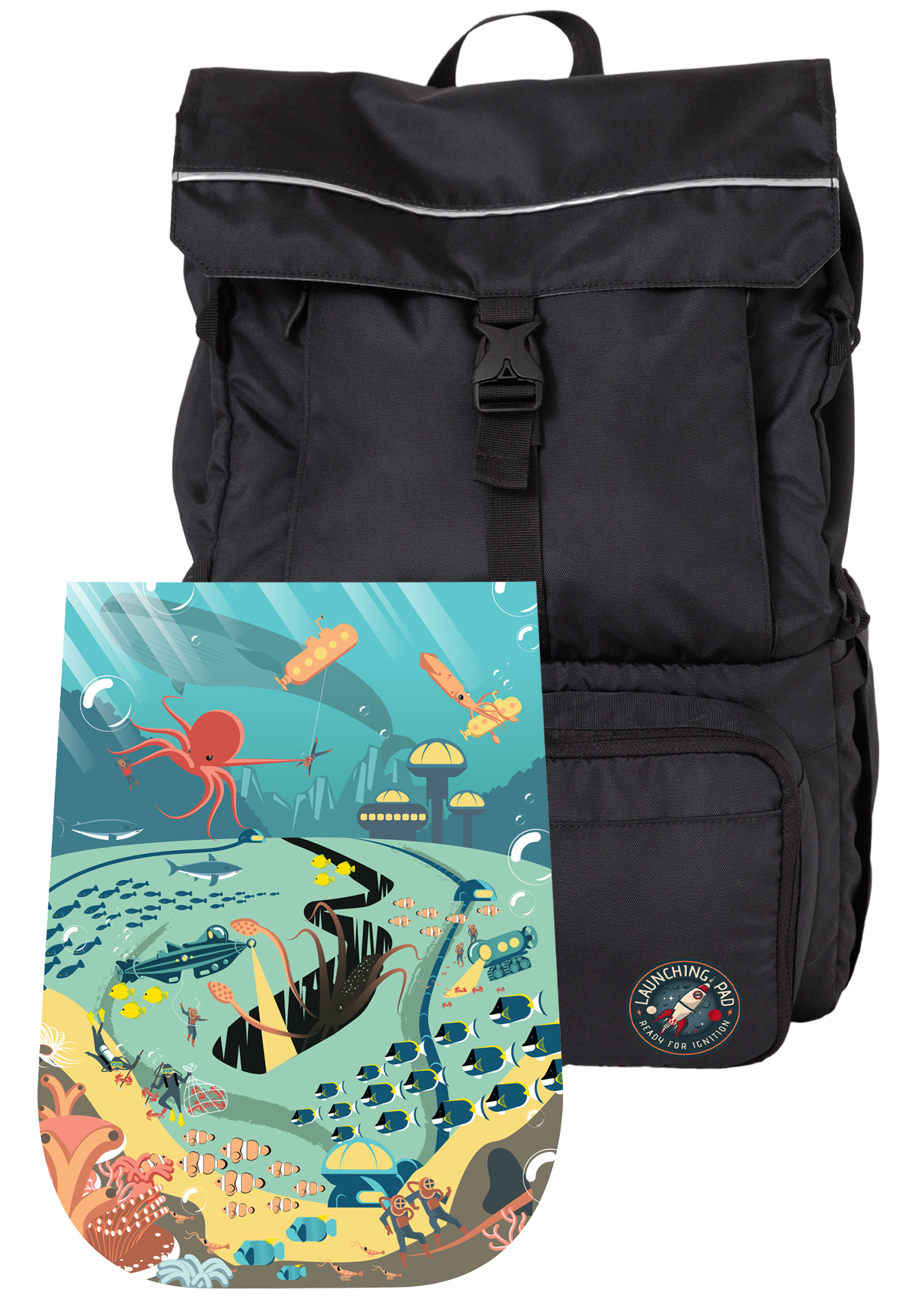 Launching Pad black backpack with underwater mat, readyforignition.com