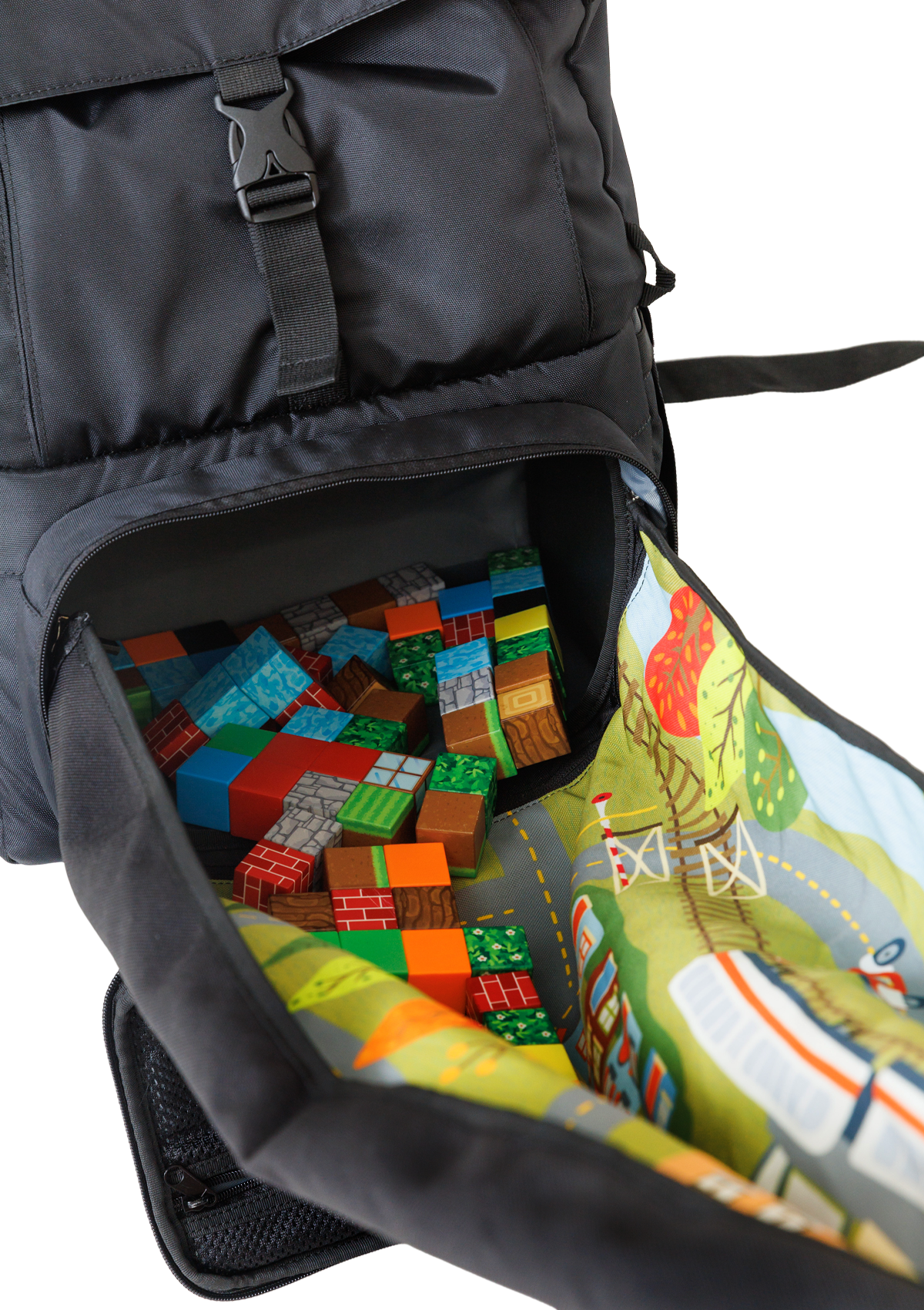 Launching Pad Backpack putting away toys in bottom zip pouch