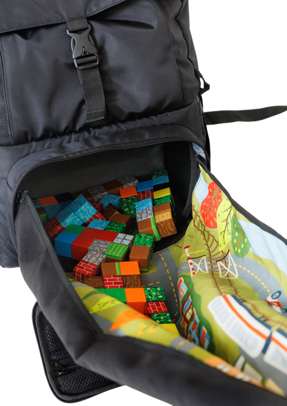 Launching Pad Backpack putting away toys in bottom zip pouch